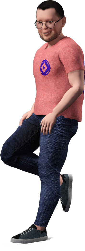 Stylized 3D Vracc Studio character wearing a Vracc logo shirt